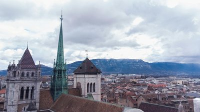 Close-Up Shot of the Geneva Cathedral building on a city